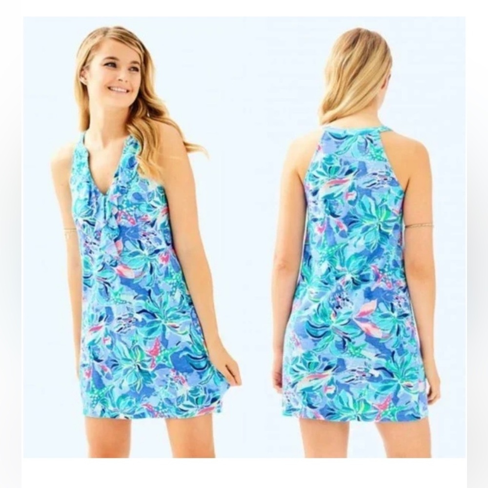 Lilly Pulitzer Aqua Blue Floral Ruffle-Front Midi Dress